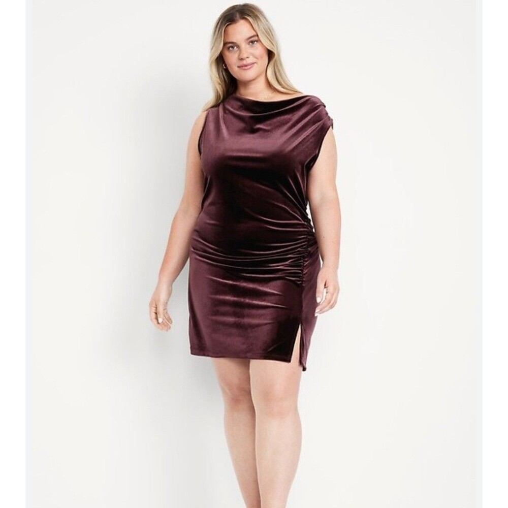 Old Navy Large Off The Shoulder Cowl Neck Mini Dress Velvet Ruched Sleeveless - Picture 2 of 13